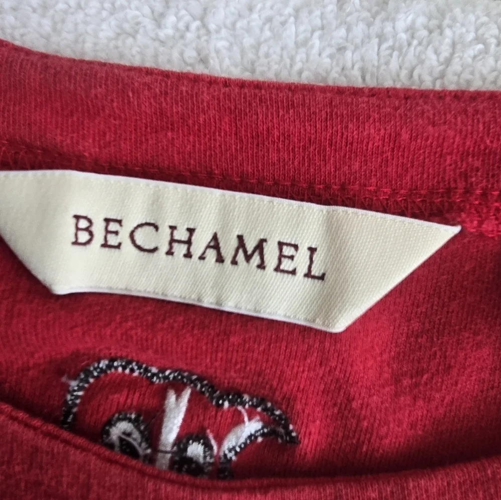 Bechamel Womens T-Shirt Size L Red Short Sleeve Dog Puppies Tee 100% Cotton.